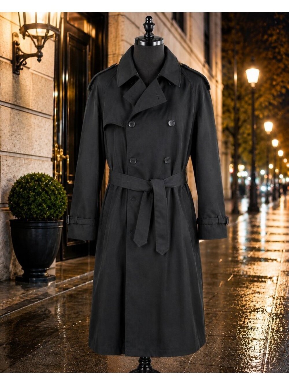 Bradley Jons For Gruner & Co Mens Black Trench Coat 48XLong Liner Vintage 90s